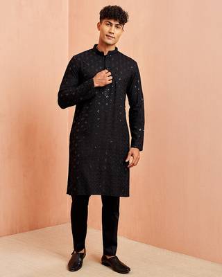 black rayon chikankari sequin embroidered kurta pyjama set | festive wedding wear 3