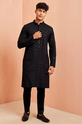 black rayon chikankari sequin embroidered kurta pyjama set | festive wedding wear