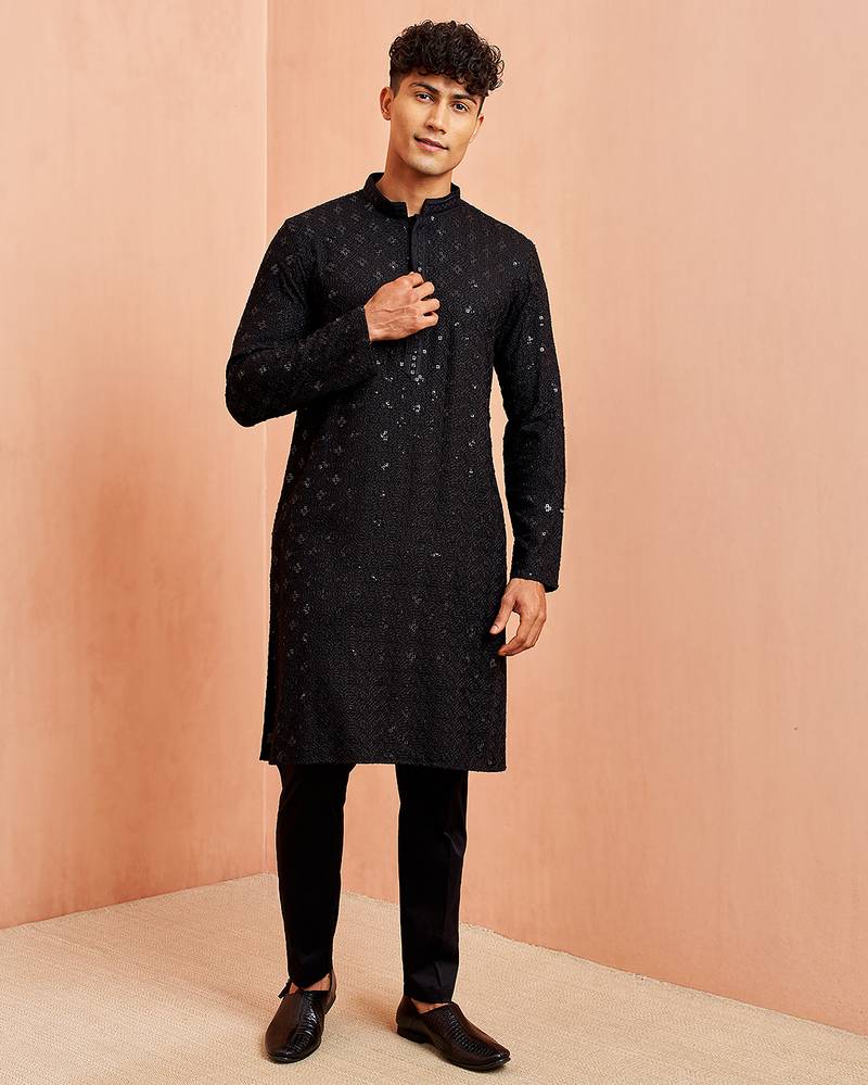 black rayon chikankari sequin embroidered kurta pyjama set | festive wedding wear