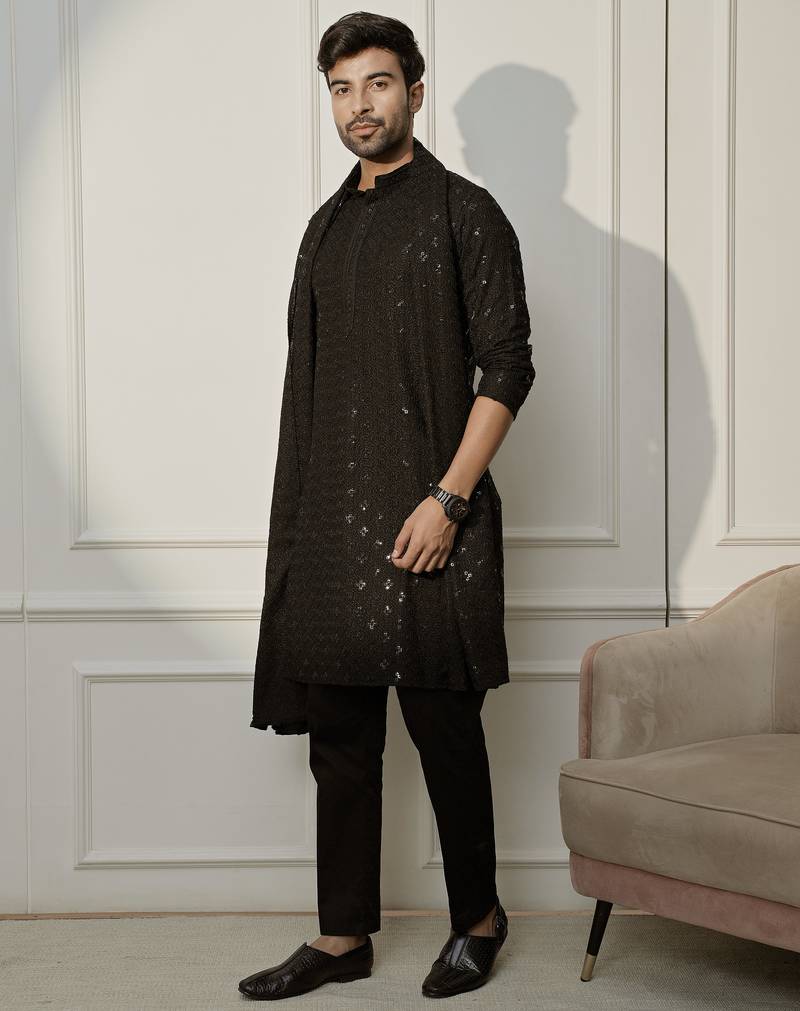 black rayon chikankari kurta pyjama dupatta set | wedding festive ethnic wear 3-piece