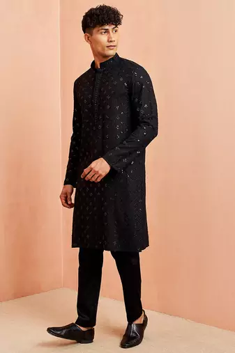 black rayon chikankari sequin embroidered kurta pyjama set | festive wedding wear