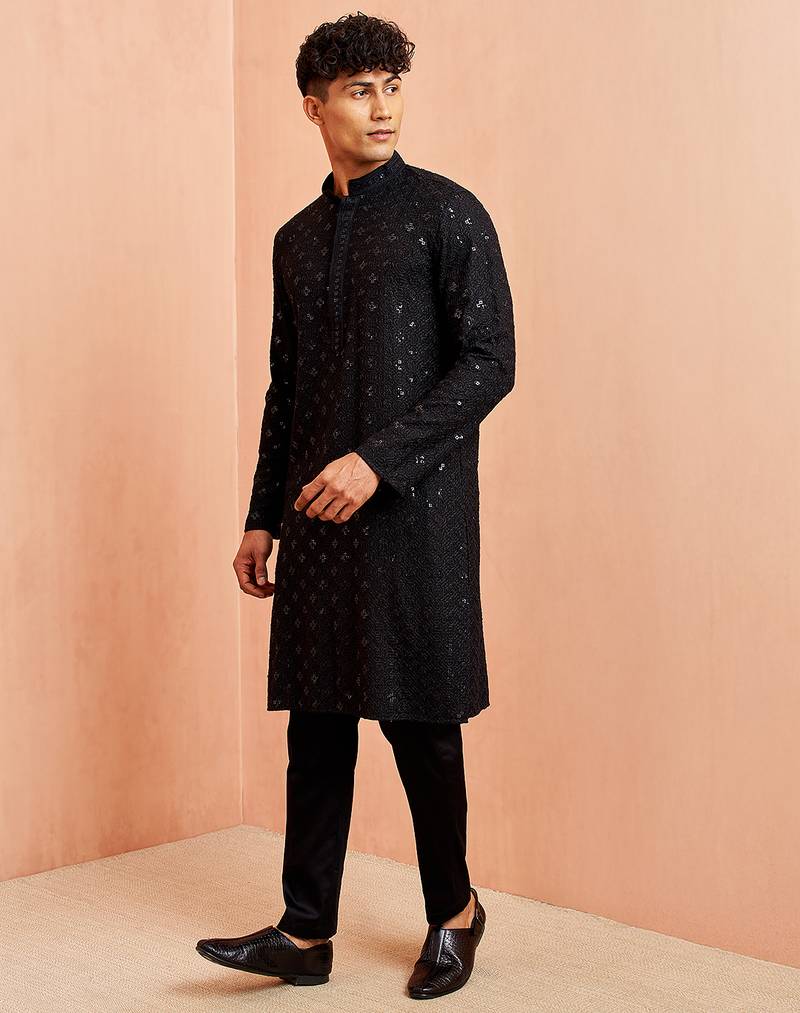 black rayon chikankari sequin embroidered kurta pyjama set | festive wedding wear