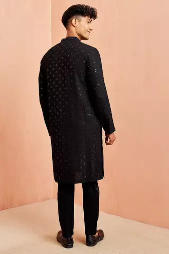 black rayon chikankari sequin embroidered kurta pyjama set | festive wedding wear