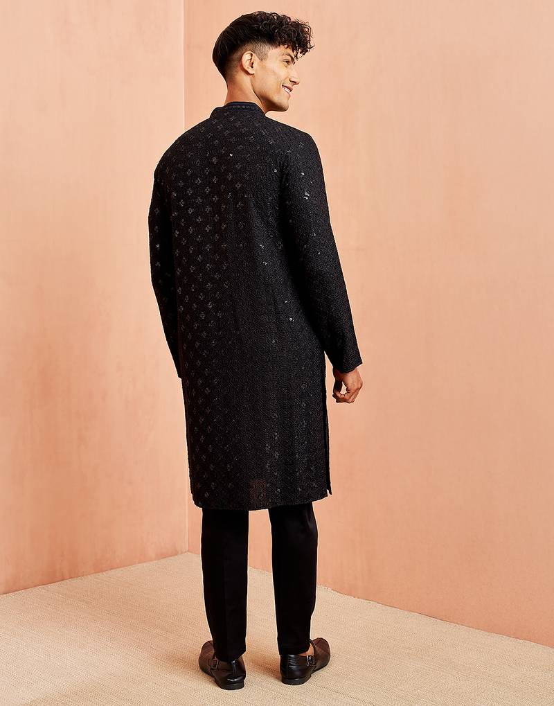 black rayon chikankari sequin embroidered kurta pyjama set | festive wedding wear