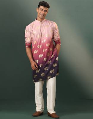 pink silk blend foil elephant print kurta with cream pyjama set | festive ombre 1