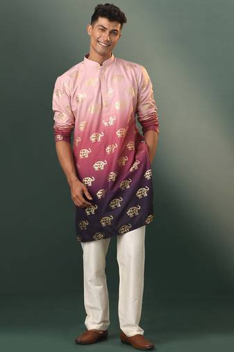 pink silk blend foil elephant print kurta with cream pyjama set | festive ombre