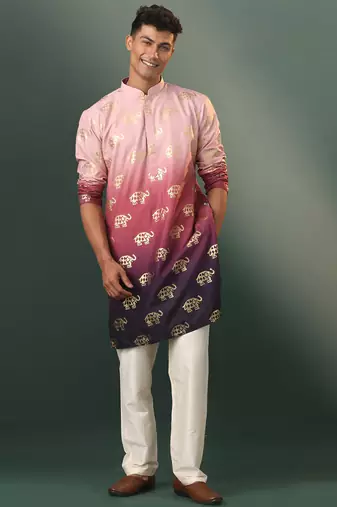 pink silk blend foil elephant print kurta with cream pyjama set | festive ombre