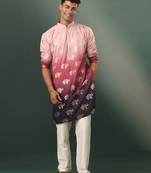 pink silk blend foil elephant print kurta with cream pyjama set | festive ombre
