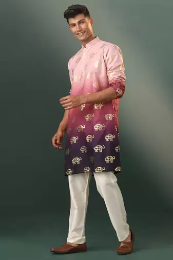 pink silk blend foil elephant print kurta with cream pyjama set | festive ombre