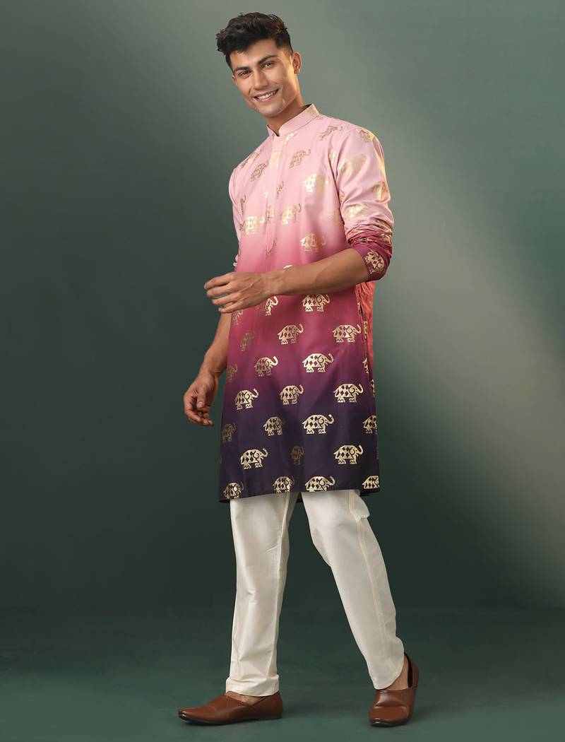 pink silk blend foil elephant print kurta with cream pyjama set | festive ombre