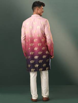 pink silk blend foil elephant print kurta with cream pyjama set | festive ombre 3