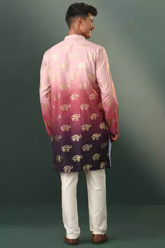 pink silk blend foil elephant print kurta with cream pyjama set | festive ombre