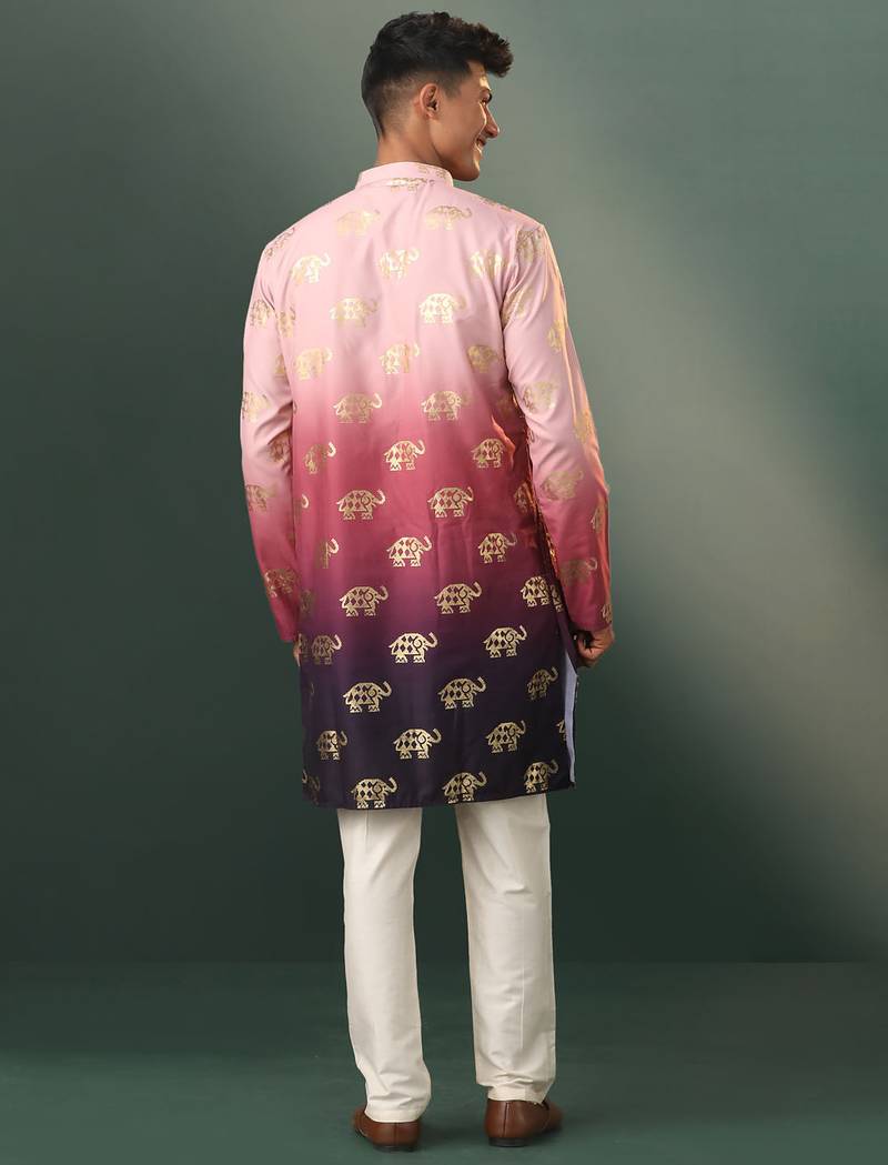 pink silk blend foil elephant print kurta with cream pyjama set | festive ombre