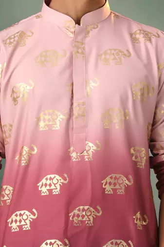 pink silk blend foil elephant print kurta with cream pyjama set | festive ombre