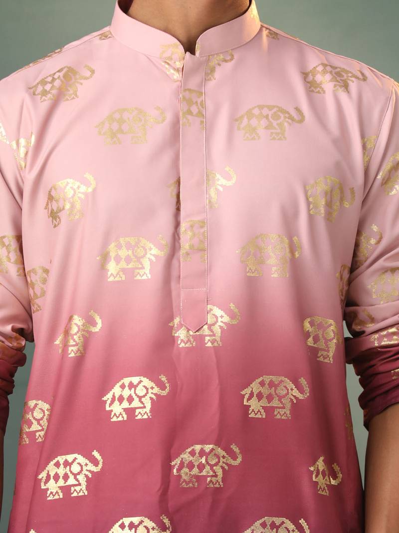 pink silk blend foil elephant print kurta with cream pyjama set | festive ombre