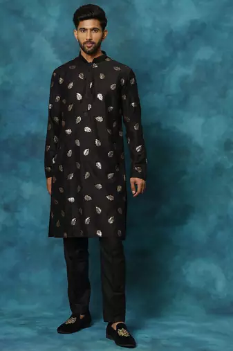 black viscose sequin embroidered kurta pyjama set | festive wedding wear