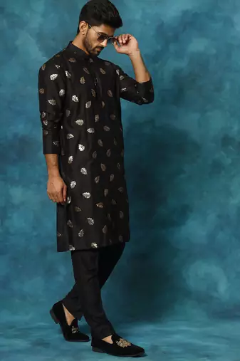 black viscose sequin embroidered kurta pyjama set | festive wedding wear