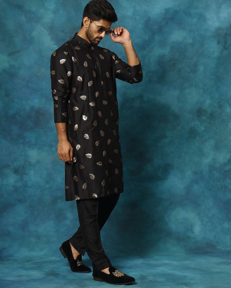 black viscose sequin embroidered kurta pyjama set | festive wedding wear