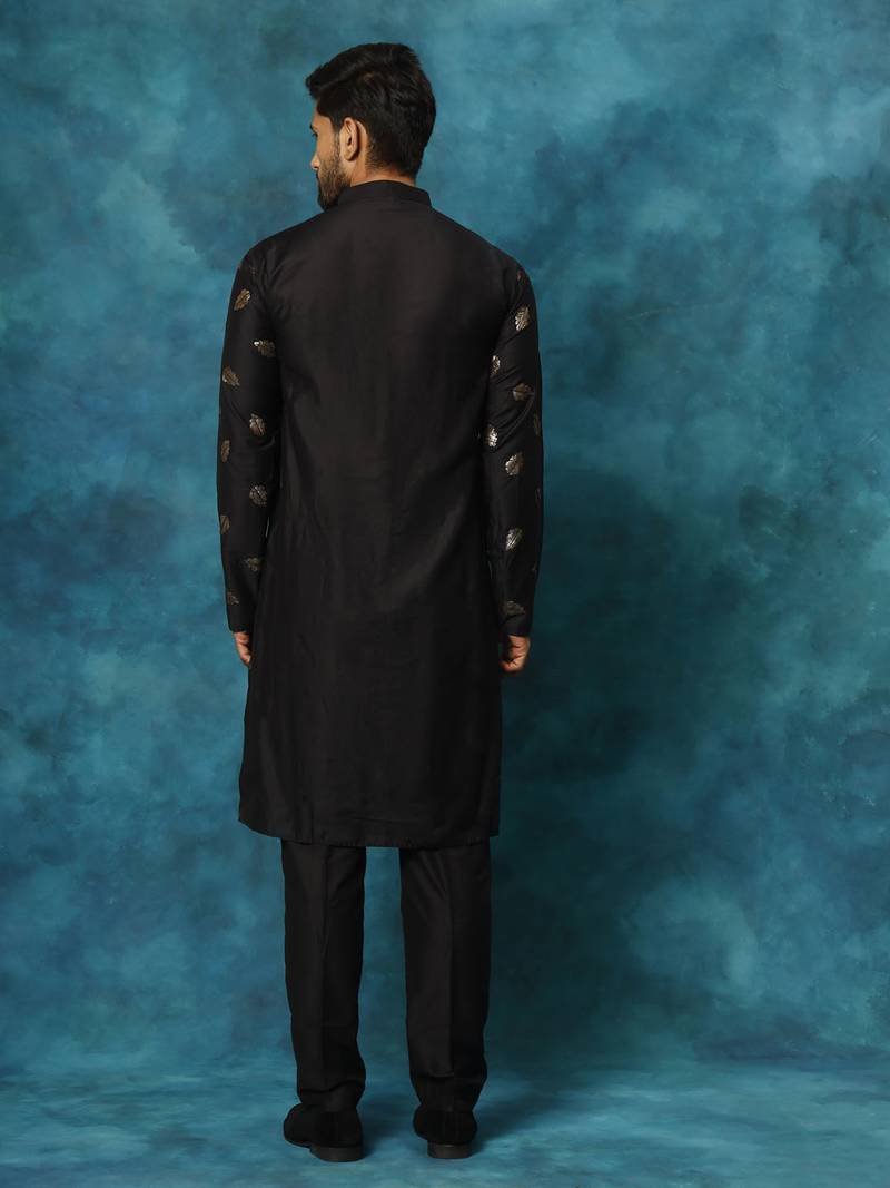 black viscose sequin embroidered kurta pyjama set | festive wedding wear