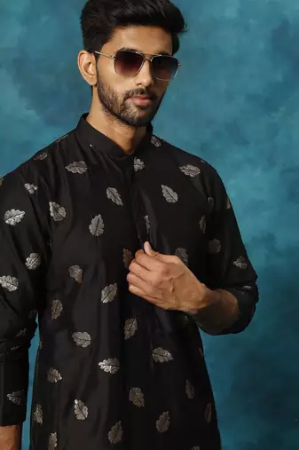 black viscose sequin embroidered kurta pyjama set | festive wedding wear