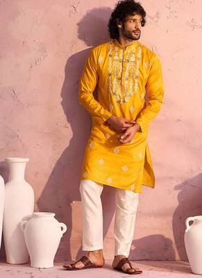 yellow thread embroidered cotton kurta with cream fine satin pyjama | festive ethnic set 1