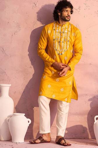 yellow thread embroidered cotton kurta with cream fine satin pyjama | festive ethnic set