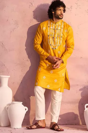 yellow thread embroidered cotton kurta with cream fine satin pyjama | festive ethnic set