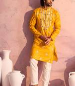yellow thread embroidered cotton kurta with cream fine satin pyjama | festive ethnic set