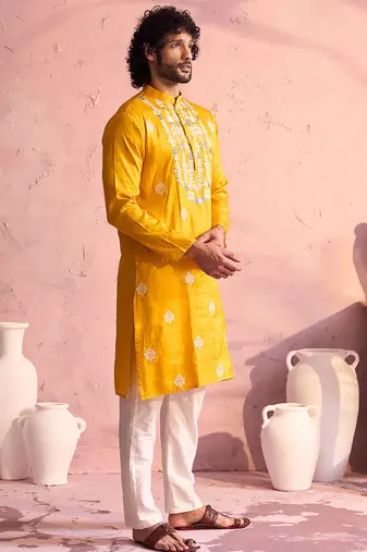 yellow thread embroidered cotton kurta with cream fine satin pyjama | festive ethnic set
