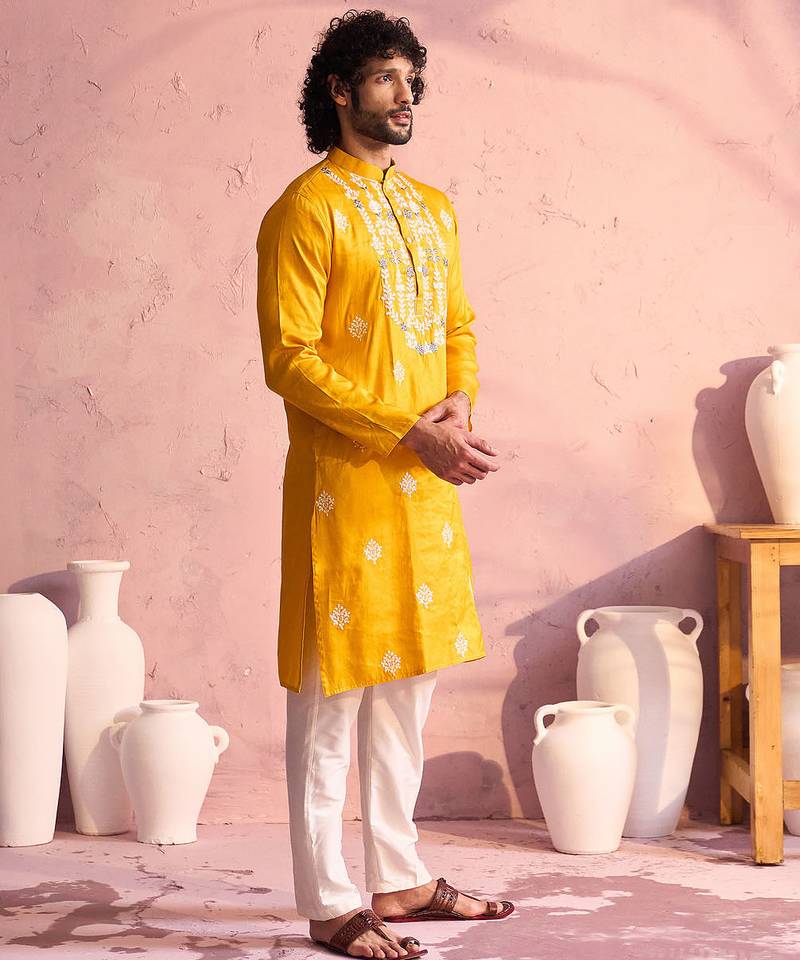 yellow thread embroidered cotton kurta with cream fine satin pyjama | festive ethnic set