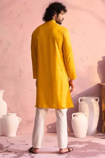 yellow thread embroidered cotton kurta with cream fine satin pyjama | festive ethnic set