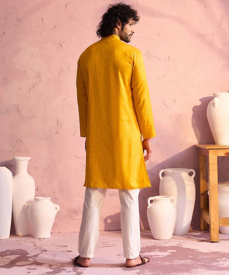 yellow thread embroidered cotton kurta with cream fine satin pyjama | festive ethnic set