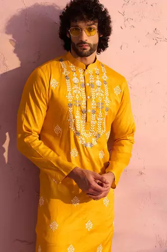yellow thread embroidered cotton kurta with cream fine satin pyjama | festive ethnic set