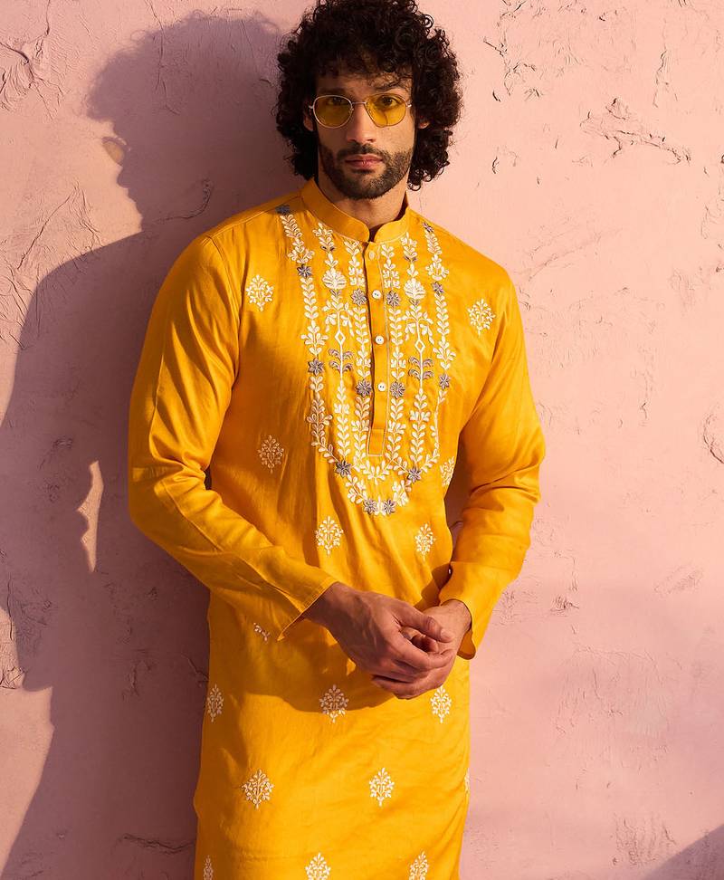yellow thread embroidered cotton kurta with cream fine satin pyjama | festive ethnic set