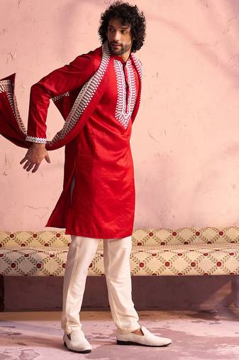 red thread embroidery kurta with cream satin pyjama & embroidered dupatta | wedding festive set