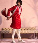 red thread embroidery kurta with cream satin pyjama & embroidered dupatta | wedding festive set