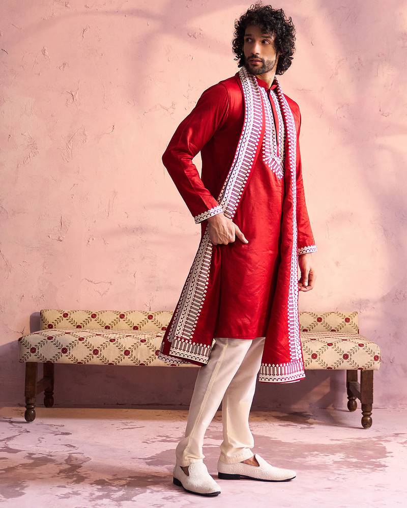 red thread embroidery kurta with cream satin pyjama & embroidered dupatta | wedding festive set