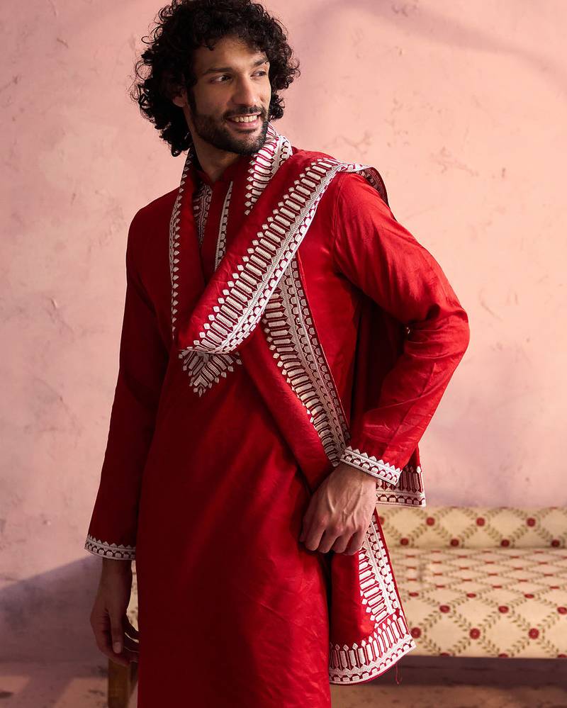 red thread embroidery kurta with cream satin pyjama & embroidered dupatta | wedding festive set