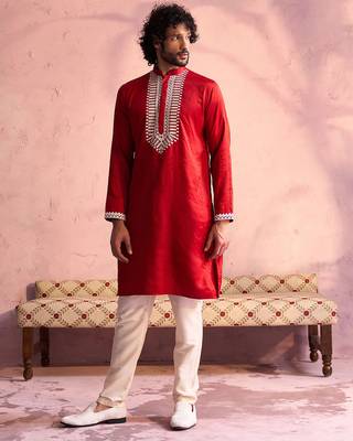 red thread embroidered cotton kurta with cream fine satin pyjama | festive ethnic set 1