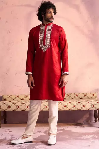red thread embroidered cotton kurta with cream fine satin pyjama | festive ethnic set