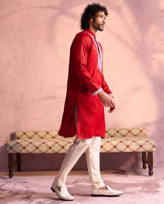 red thread embroidered cotton kurta with cream fine satin pyjama | festive ethnic set 2