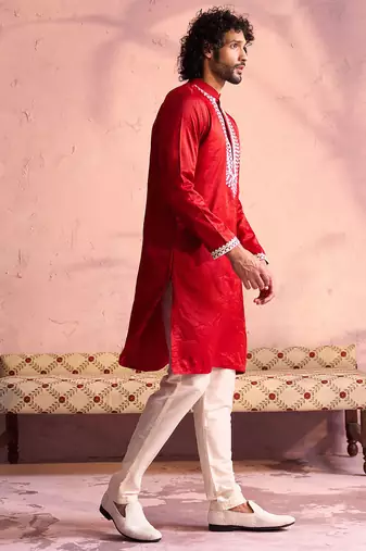 red thread embroidered cotton kurta with cream fine satin pyjama | festive ethnic set