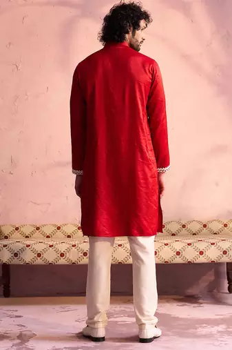 red thread embroidered cotton kurta with cream fine satin pyjama | festive ethnic set