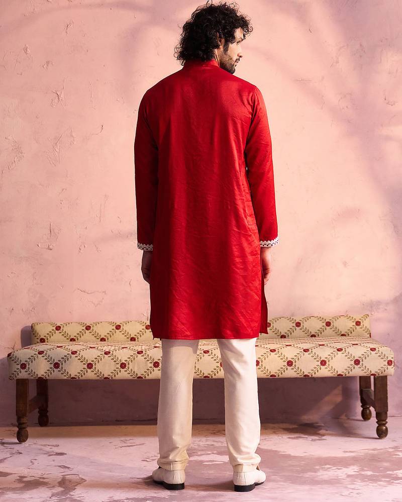 red thread embroidered cotton kurta with cream fine satin pyjama | festive ethnic set
