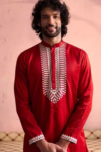 red thread embroidered cotton kurta with cream fine satin pyjama | festive ethnic set