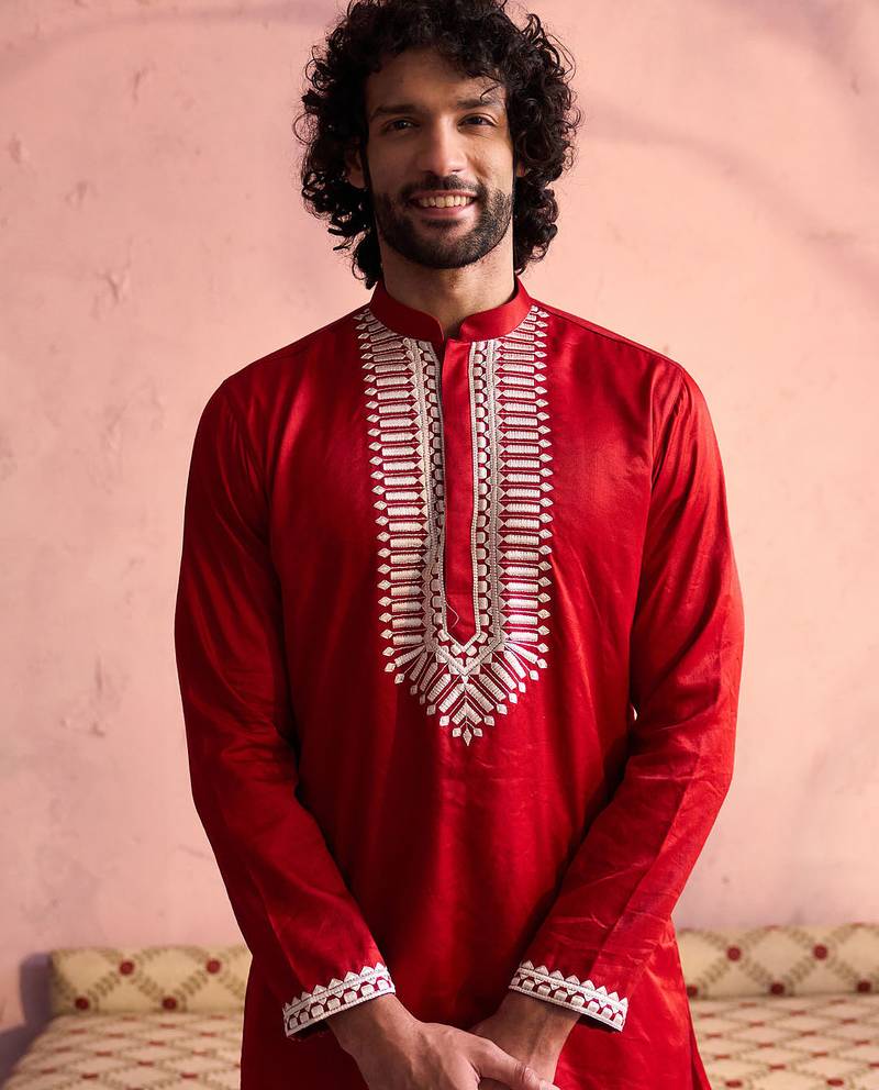 red thread embroidered cotton kurta with cream fine satin pyjama | festive ethnic set