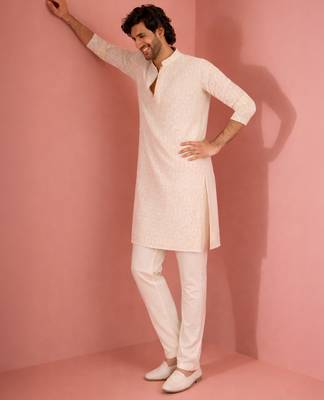 white sequin embroidered georgette kurta pyjama set | floral thread work with cream bottom 1