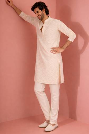 white sequin embroidered georgette kurta pyjama set | floral thread work with cream bottom