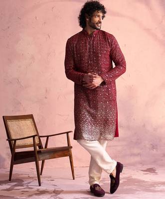 maroon ombre sequin georgette kurta with cream satin pyjama | festive ethnic set 1