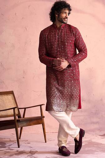 maroon ombre sequin georgette kurta with cream satin pyjama | festive ethnic set